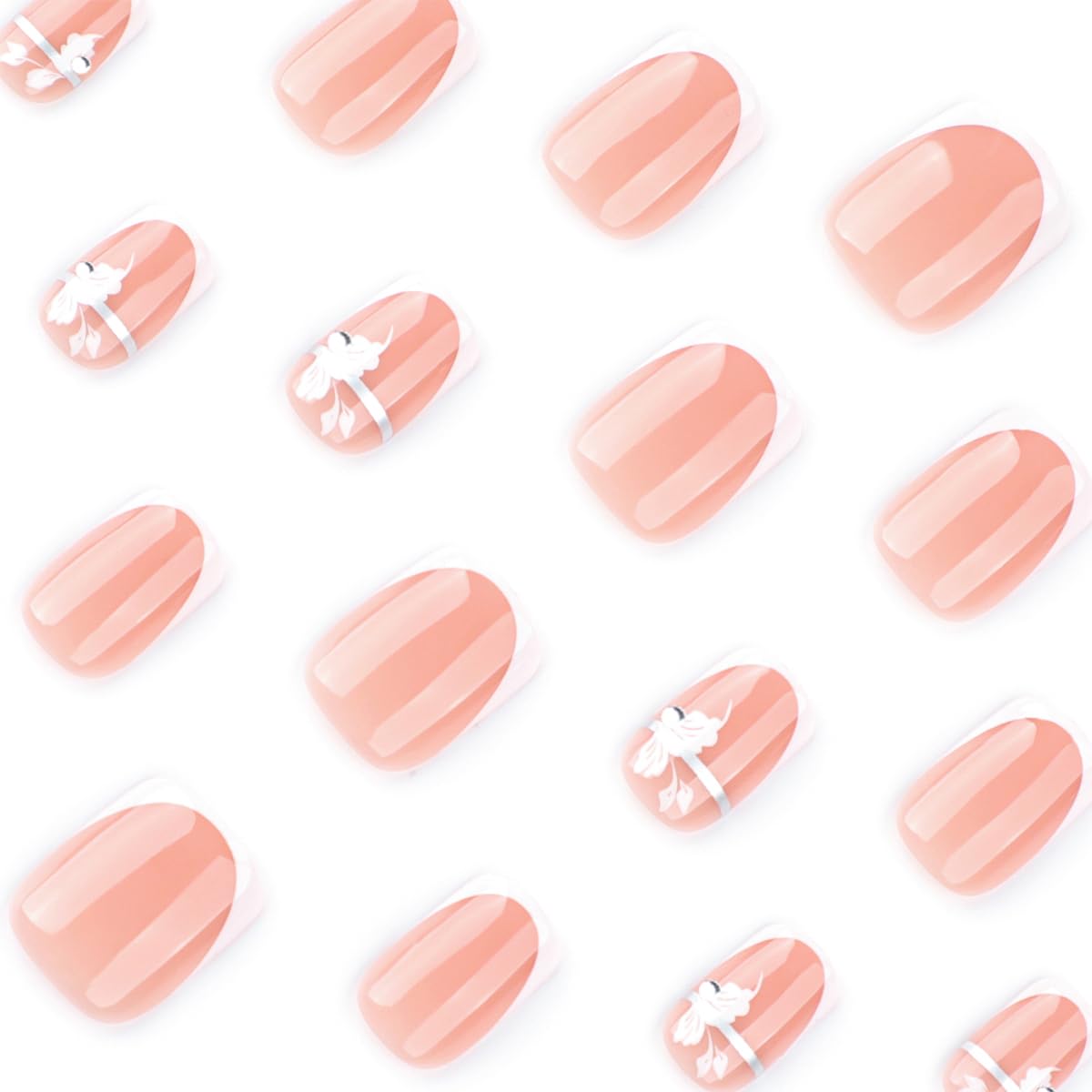 Mivota Fall Short Press On Nails Square Nude Fake Nails with White French Tips Delicately Adorned with White Flower Silver lines Fake Nails Gel Stick On Nails Set Glue on Nails for Women, 24Pcs