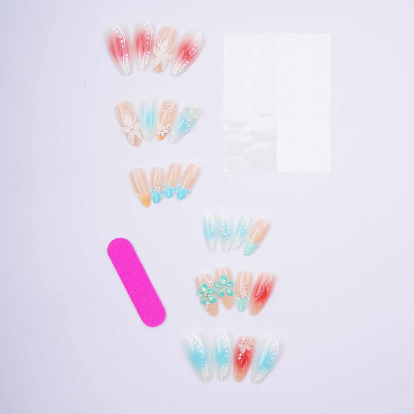 Blue Beach Press on Nails with Charms Medium Almond Fake Nails Shell Starfish Fake Nails French Nails Press ons Cute Flower Stick on Nails Short Acrylic Pearl Nails Rhinestones Nails for Daily Wear