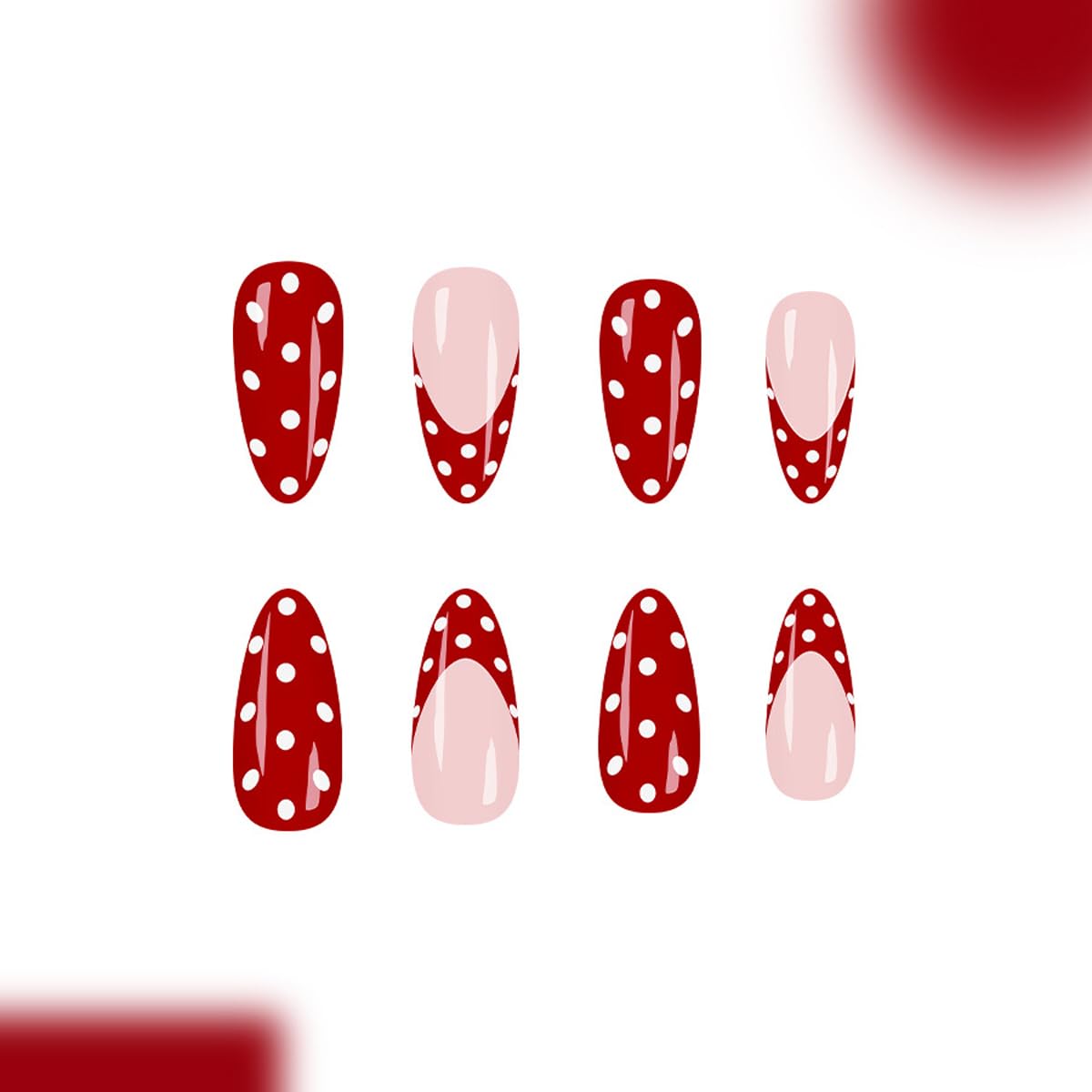 Red French Tip Press on Nails with White Polka Dots - Medium Almond Glossy Fake Nails, Full Cover Holiday Manicure Kit for Valentine‘s Day, 24PCS for Women