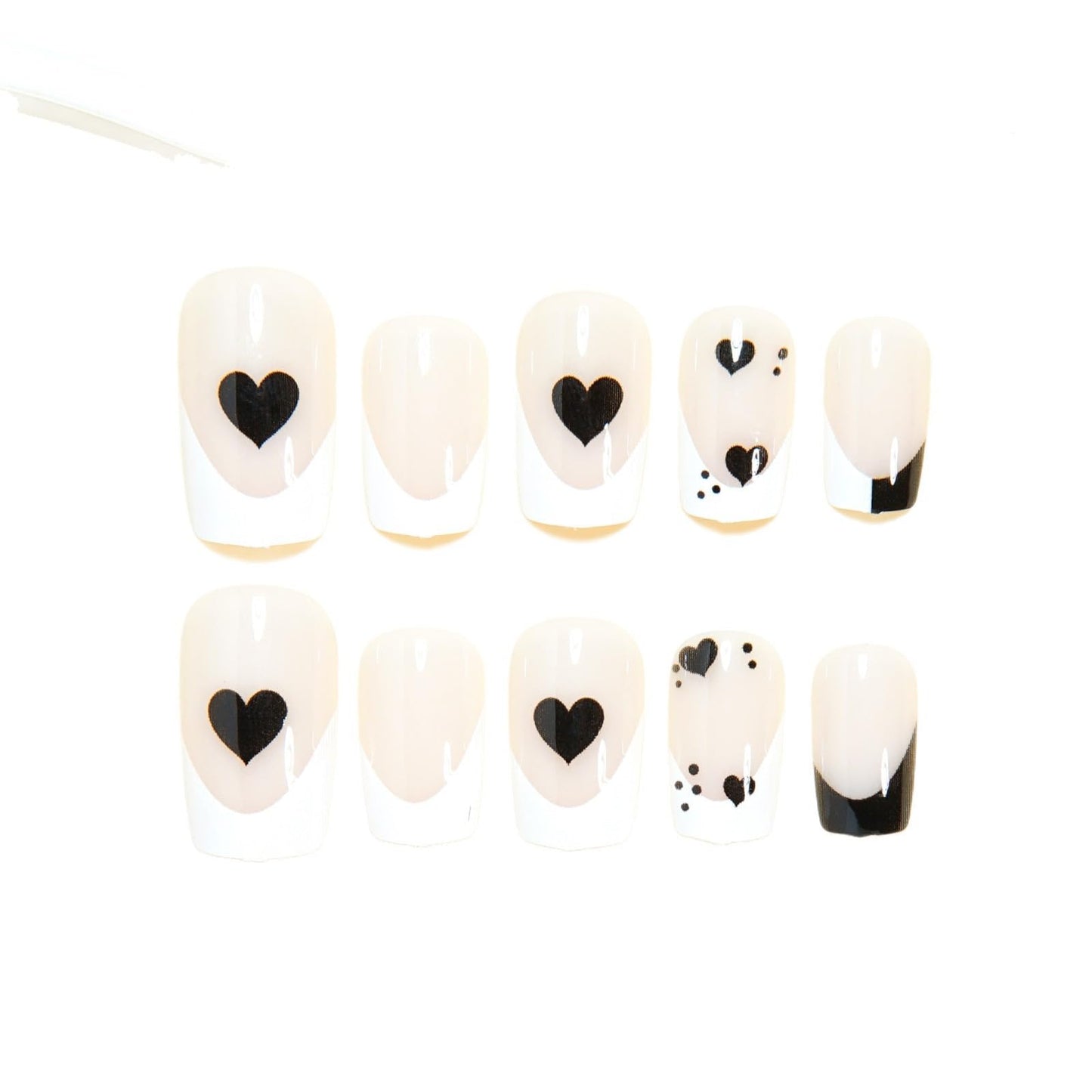 CTTHNBD Press on Nails Medium - Square Fake Nails with Black Heart Design - White French Tip False Nails - for Women 24 Pcs