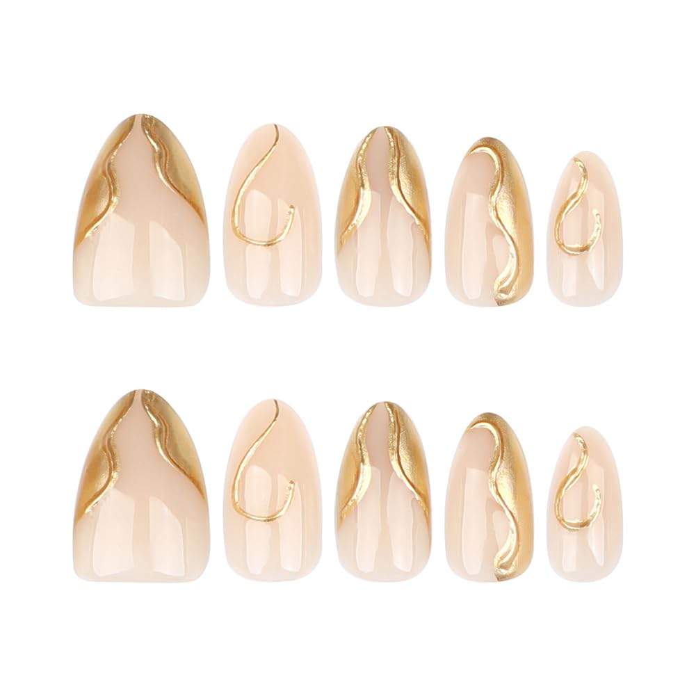 Hrnsnails Nails Press on, Short Almond Press On Nails Nude Fake Nails with Glod French Tip Summer Nails 3D Design, Acrylic Artificial False Nails Press Ons Stick On Nails for Women