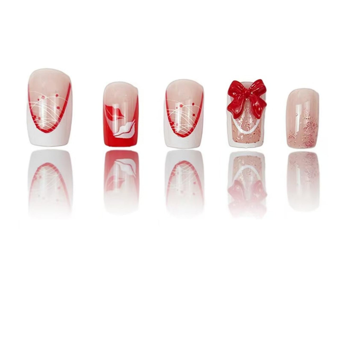 White French Tip Press on Nails Red Bow Fake Nails Lip Print Glue on Nail with Design Glossy Full Cover Medium Square Stick on Nail for Women Manicure 24Pcs