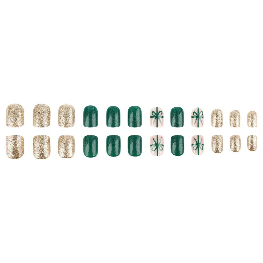 Christmas Green Press on Nails - Short Square Fake Nails with Bow Design - Gold Glitter Full Cover Stick on Nails - for Women 24 Pcs