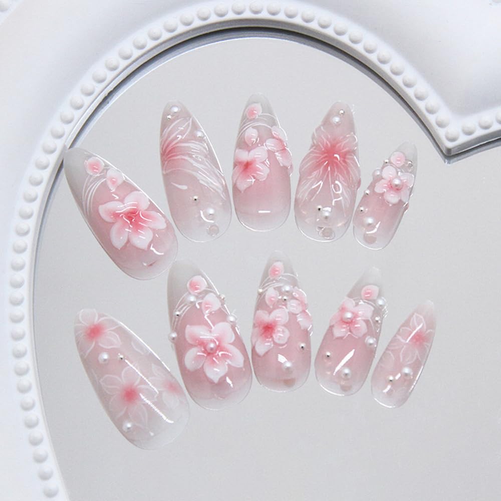 24 Pcs Pink Press on Nails Short Almond,MINGCHUN Fall Fake Nails Press ons Acrylic Nail Art Tips Kit Full Cover False Nails Glue on Nails with Flowers Pearl 3D Texture Design for Women Nail Supplies