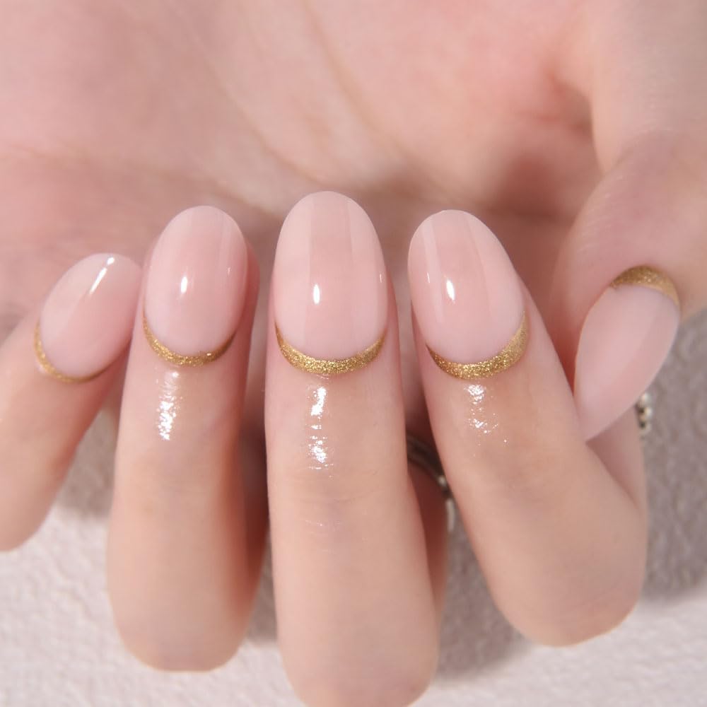evpct Nude Pink French Press on Nails Short Oval, Short Gold Foil Stick on Nails for Women Gift,Nude Pink Glossy Fake Nail Reusable Soft Gel Press on Acrylic Fake Nail kit with Gold Line Design