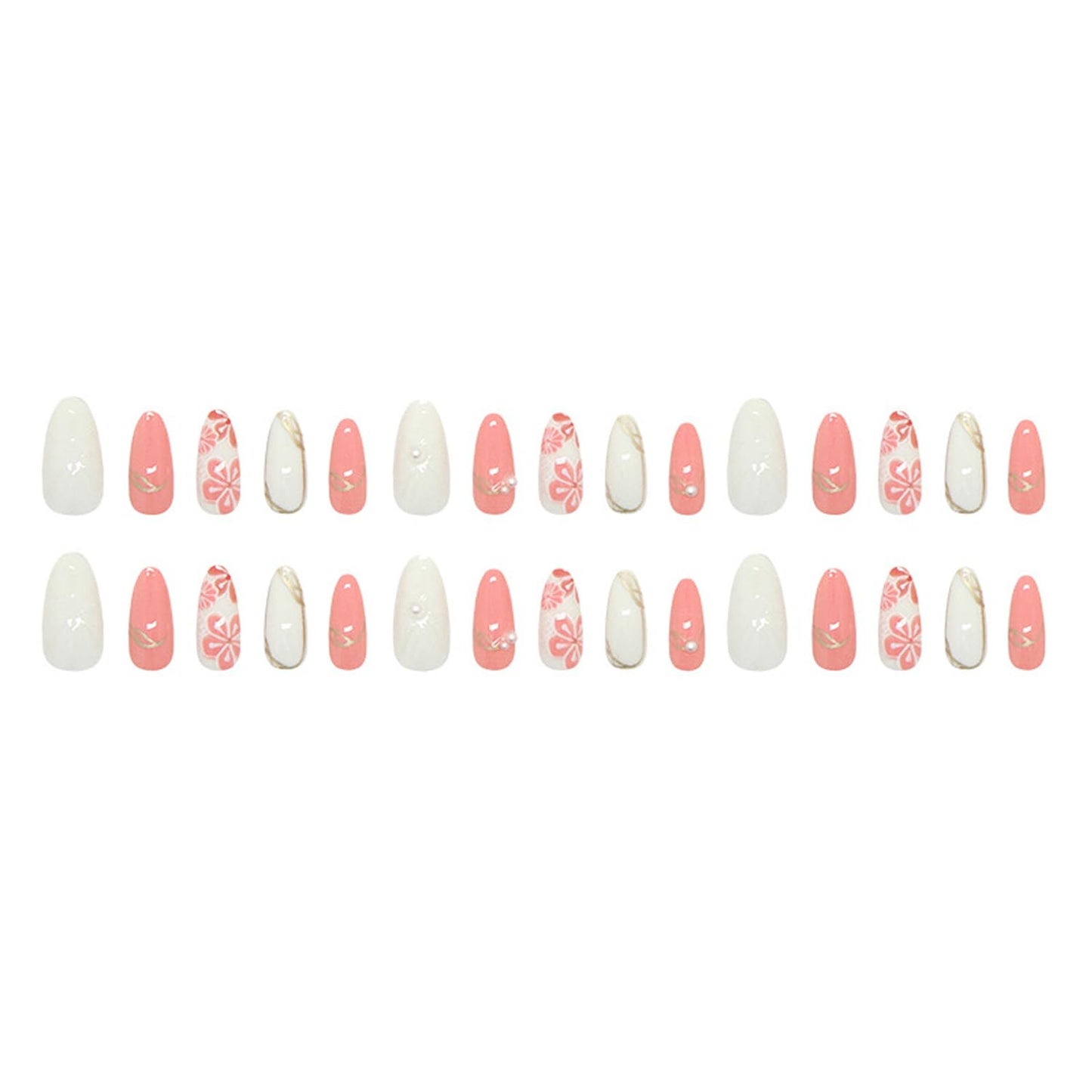30Pcs Flower Press on Nails Medium Almond Fake Nails Delicate Floral with Pearl Glossy Design Pink White Full Cover Stick on Nails Spring Summer False Nails Acrylic Nails French for Women Manicure