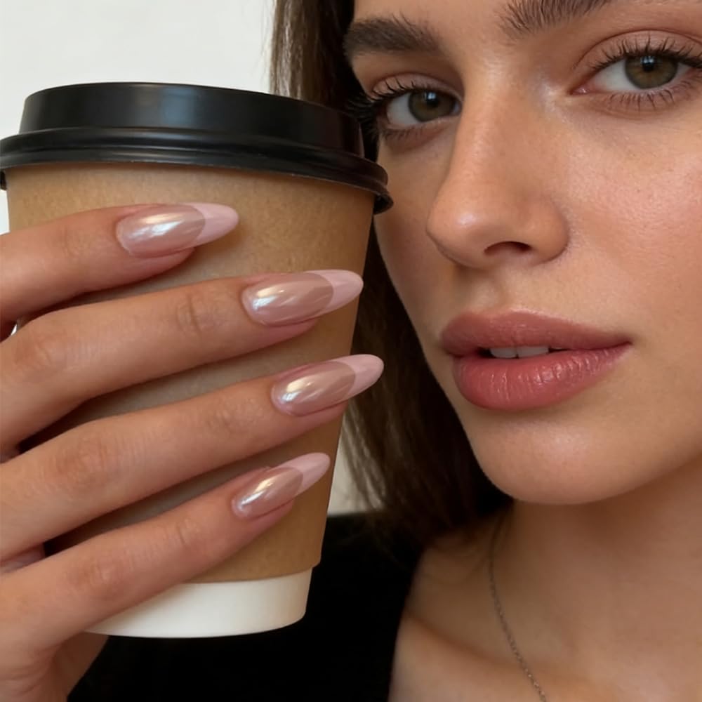 FJSMTOPl French Tip Press on Nails - Pink Fake Nails Press ons - Almond Chrome False Nails - Medium Glue on Nails - Cute Acrylic Stick on Nail for Women Nail Manicure 24Pcs