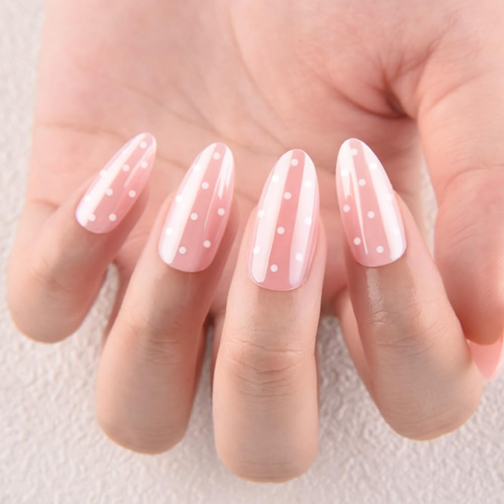 evpct Nude Pink Glazed Press on Nails Medium Almond No Glue, Medium Almond with White Dot Design Chrome Metallic Aurora Stick on Nail for Women, Reusable Full Cover Soft Press on Fake Nail
