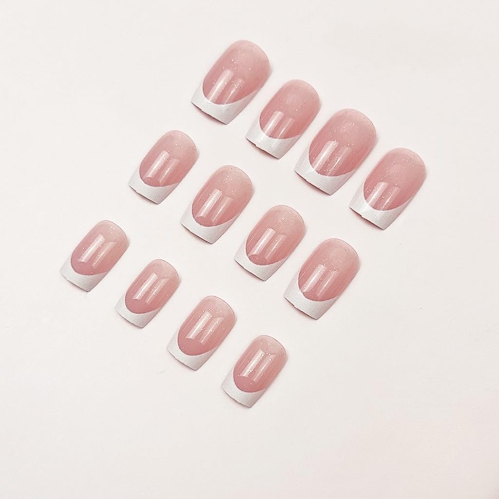 CTTHNBD 48Pcs Press on Nails Square & Press on Toenails Set, White French Tip Fake Nails with Glitter Design - for Women Manicure