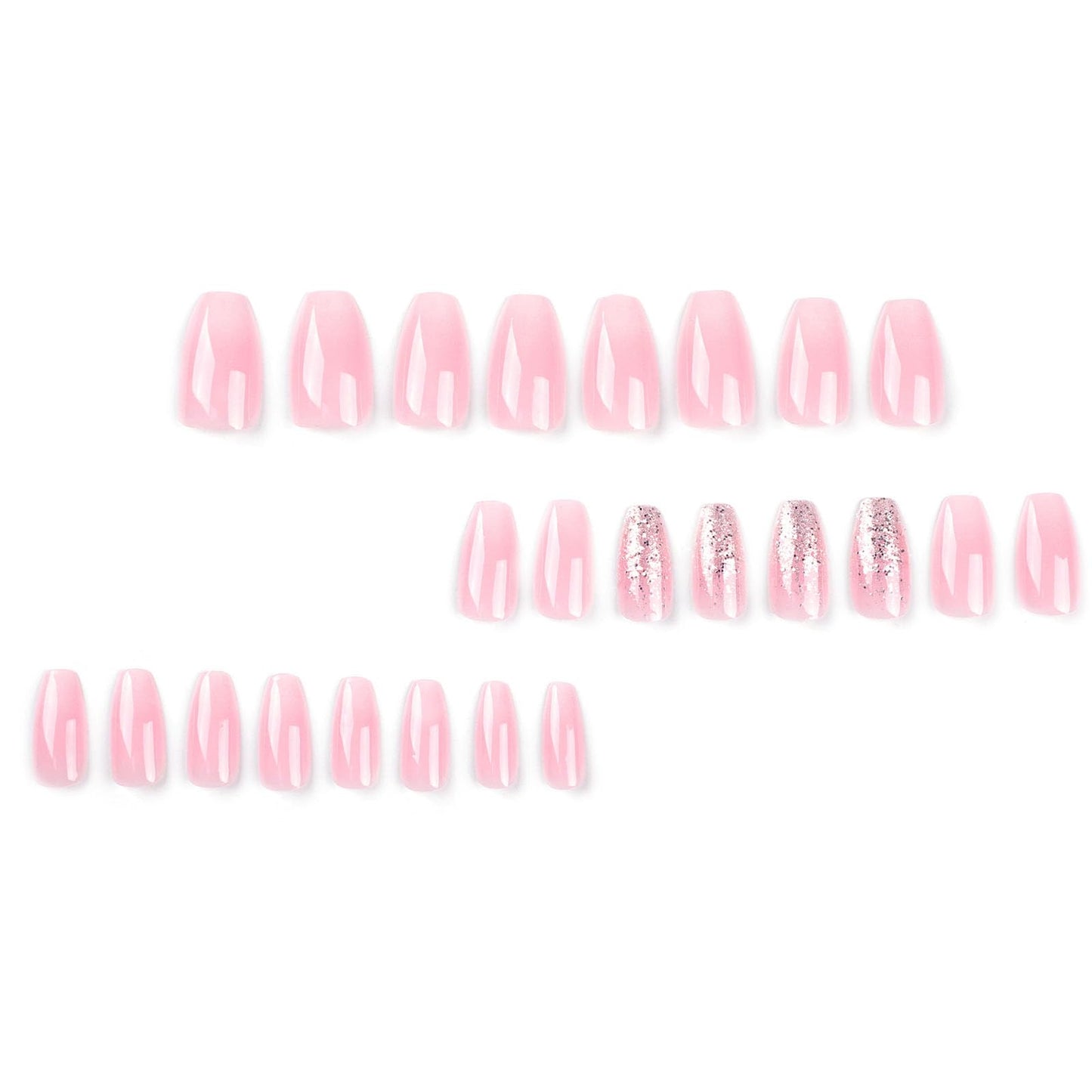 Light Pink Press on Nails Short Coffin Fake Nails Shimmer Bling False Nails with Silver Glitter Designs Gradient Glue on Nails Full Cover Acrylic Nails for Women 24 Pcs