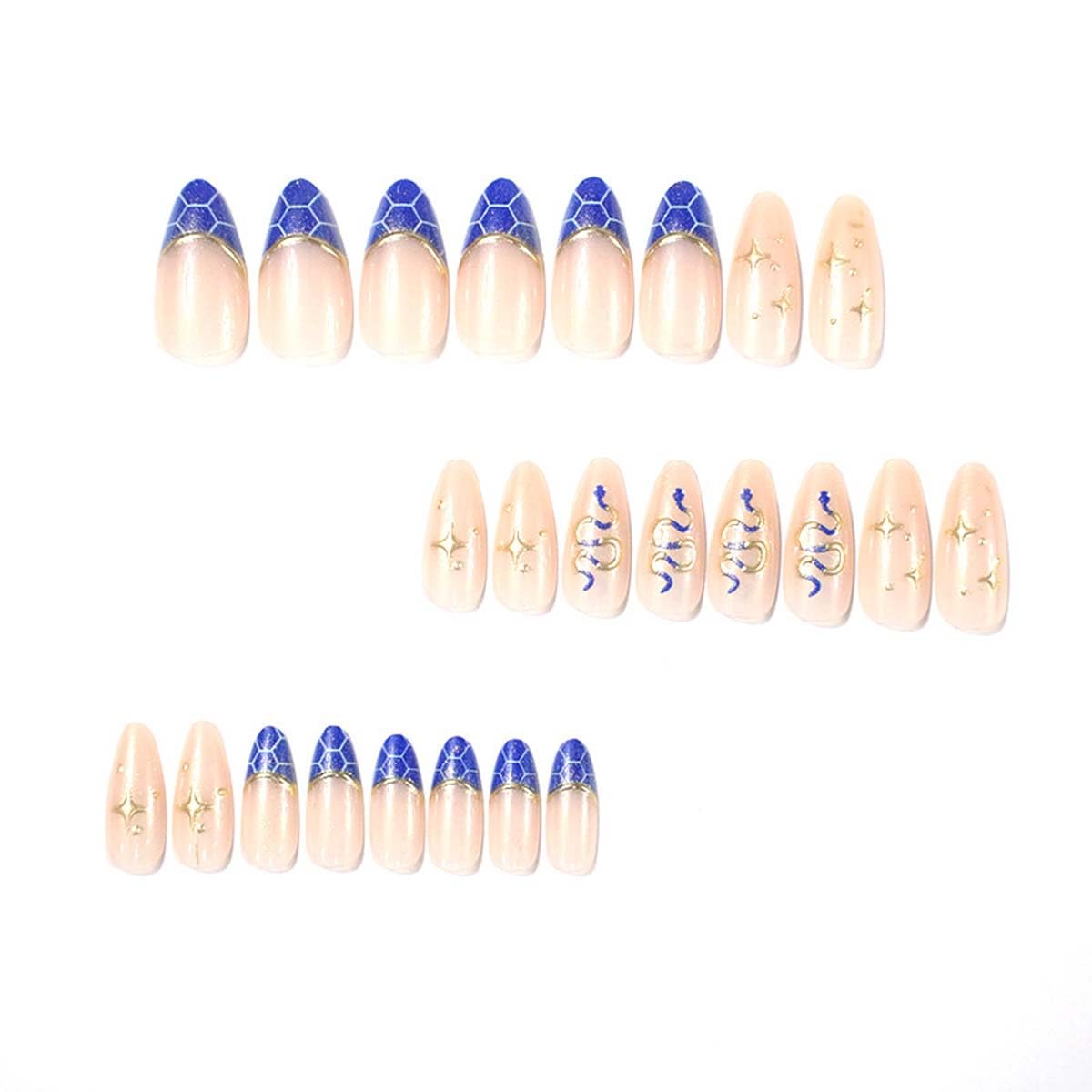 LINMEIZAI 24 Pcs French Tip Press on Nails Short Almond 3D Snake Fake Nails Press ons Nail Tips Glue on Nails Acrylic Nail Kit with Glitter Blue Design False Nails Stickers Nail Art for Women