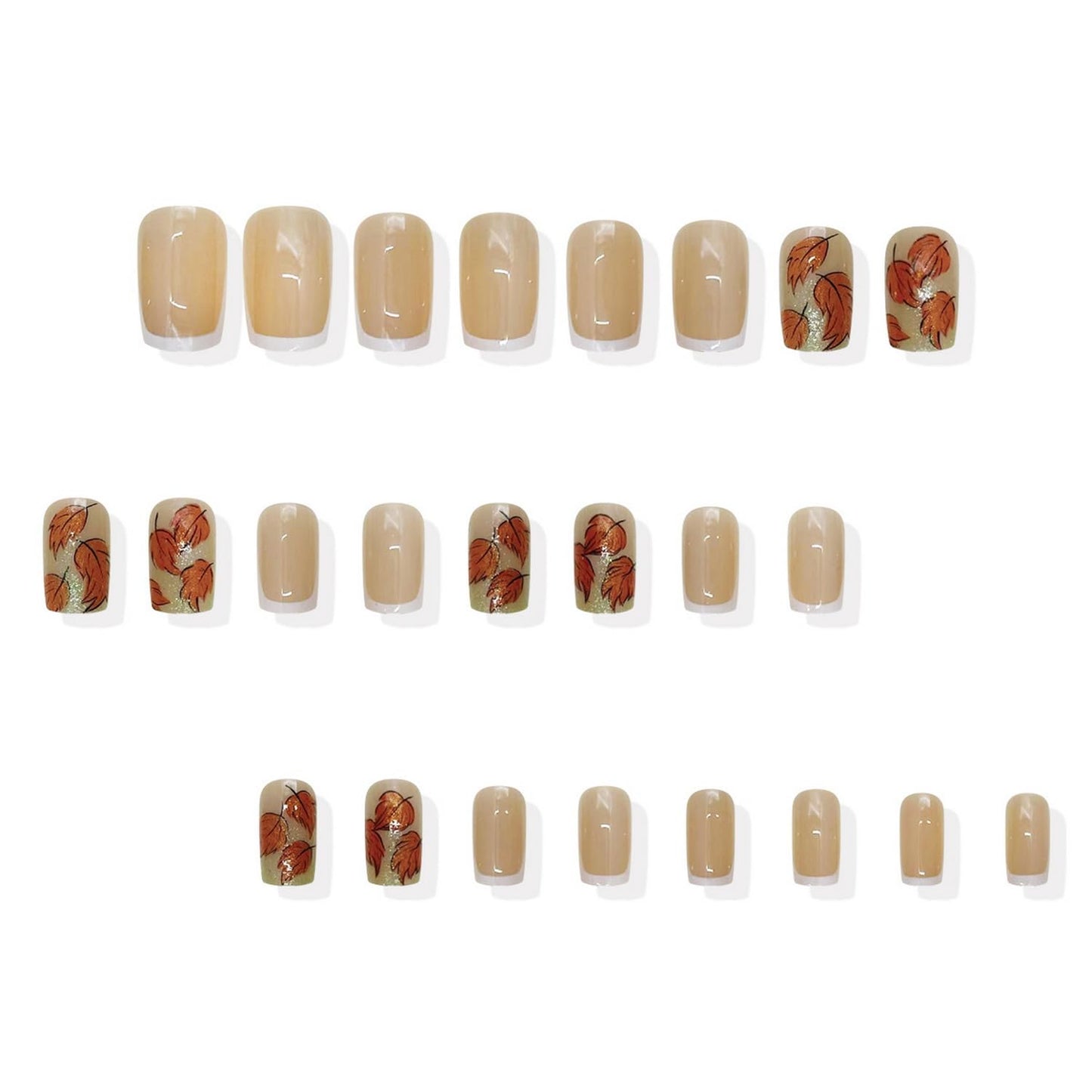 Fall Press on Nail White French Tip Fake Nails with Maple Leave designs Autumn False Nails Full Cover Glitter Acrylic Stick on Nail Simple Thanksgiving Glue on Nails for Women Girls Manicure Decor