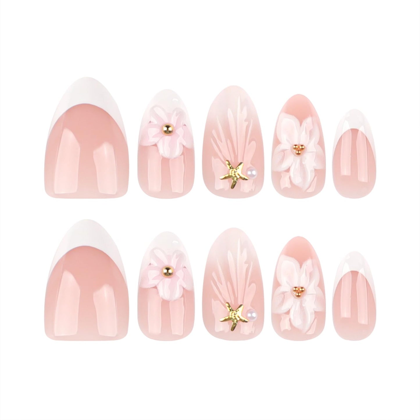 Mivota White Flower Press On Nails short, 24pcs Almond French Fake Nails with 3D Floral Design, Pearl & Starfish Decor, Glossy Nude Acrylic Stick On Nails Kit for Women Girls Manicure