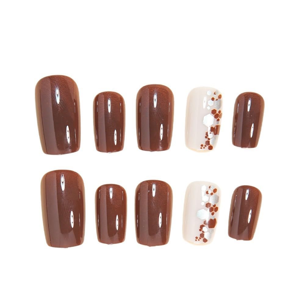 CTTHNBD Square Press on Nails Short - Brown Fake Nails with Silver Sequins Design - Glossy Full Cover Stick on False Nails for Women - 24 Pcs