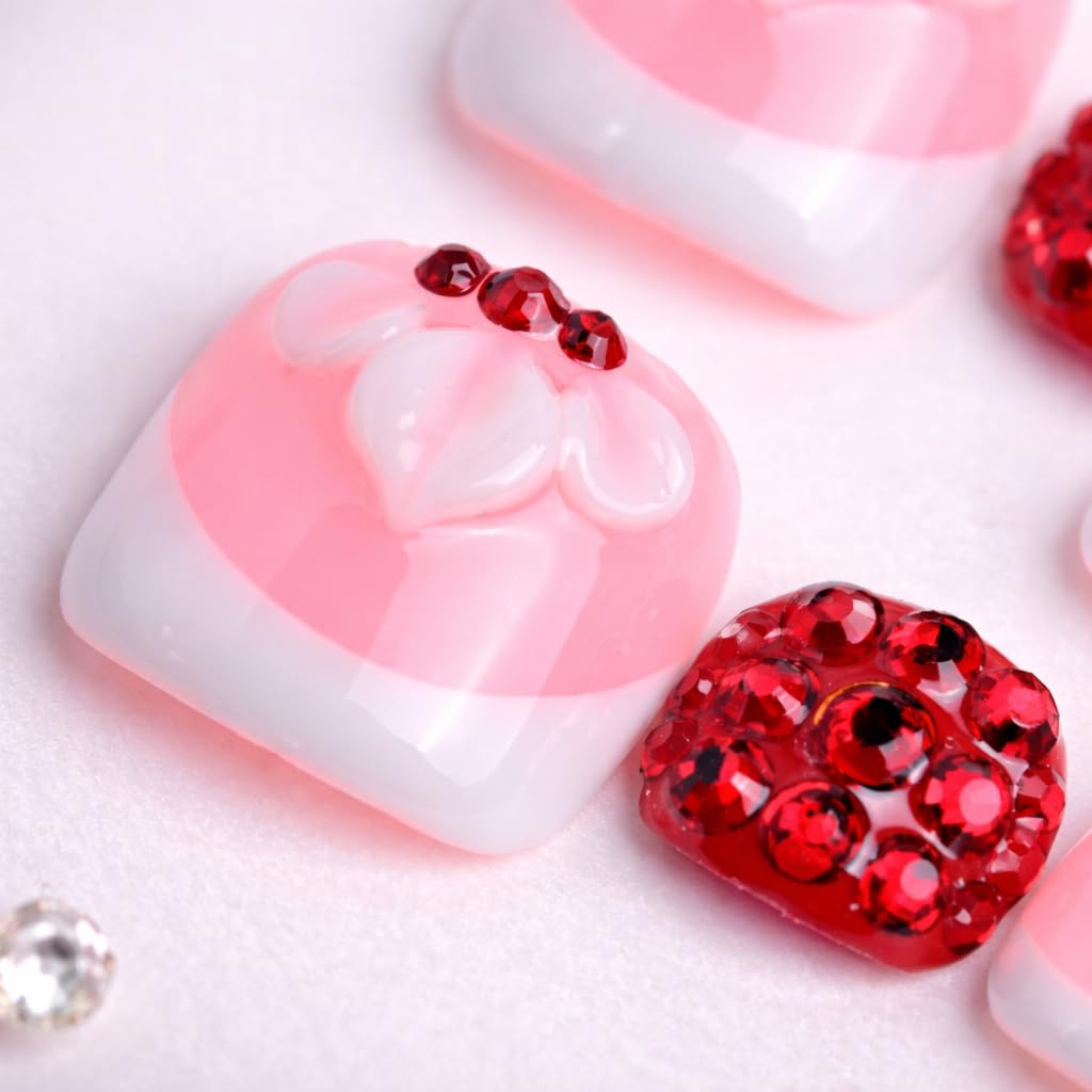 IntoVibes 10 Pieces Handmade Luxury Press On Toenails With Petal And Rde Bling Rhinestones, Full Cover, Press On Nails Stick On Toe Nails For Women Manicure, Acrylic Fake Toe Nails (L)