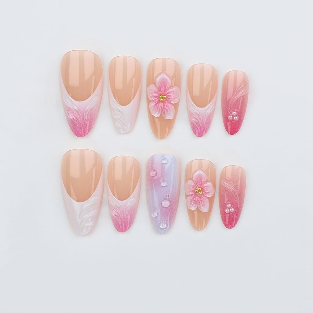 Pink Press on Nails Medium Almond Fake Nails with 5D Flower Design Glossy Ombre Pink Glue on Nail Water Ripple French Tips Nails Press ons Reusable Pearl Acrylic Nail for Women Manicure 24Pcs