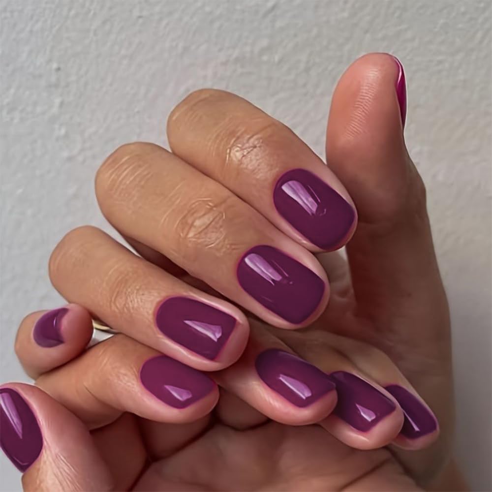 Plum Press On Nails Short Square, Natural Fuchsia Gel Nails Glue on Fall Colors 2025 Trendy Acrylic Nails Press ons Featured Protective Coat Thick Reusable Fake Nails 24Pcs Short Coffin Nails