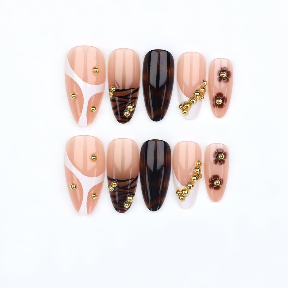 French Tips Press on Nails Medium Almond Nails Press on with 5D Rhinestones Flower Charm Design Glossy Brown Leopard Glue on Nails Tortoise Shell Fake Nail Fall Winter Nail for Women Manicure 24Pcs