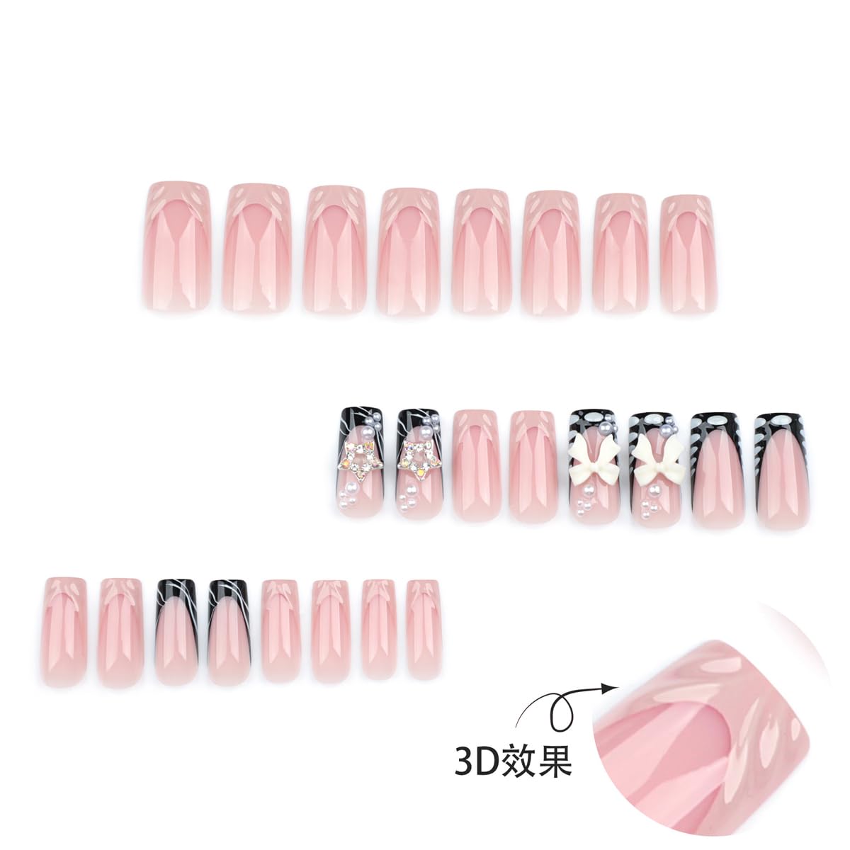 Press on Nails French Tip Fake Nails Medium Square False Nails with Pearl Design Bow Glue on Nail Press ons Glossy Full Cover Artificial Acrylic Nude Stick on Nail for Women Girls Manicure 24cs