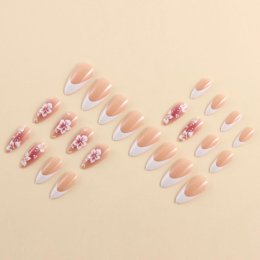 MINGCHUN Nude Pink Press on Nails Medium Almond White French Tip Fake Nails Press ons Acrylic Nail Art Kit Full Cover False Nails Glue on Nails with Flower Glossy Design for Women Nail Supplies 24Pcs