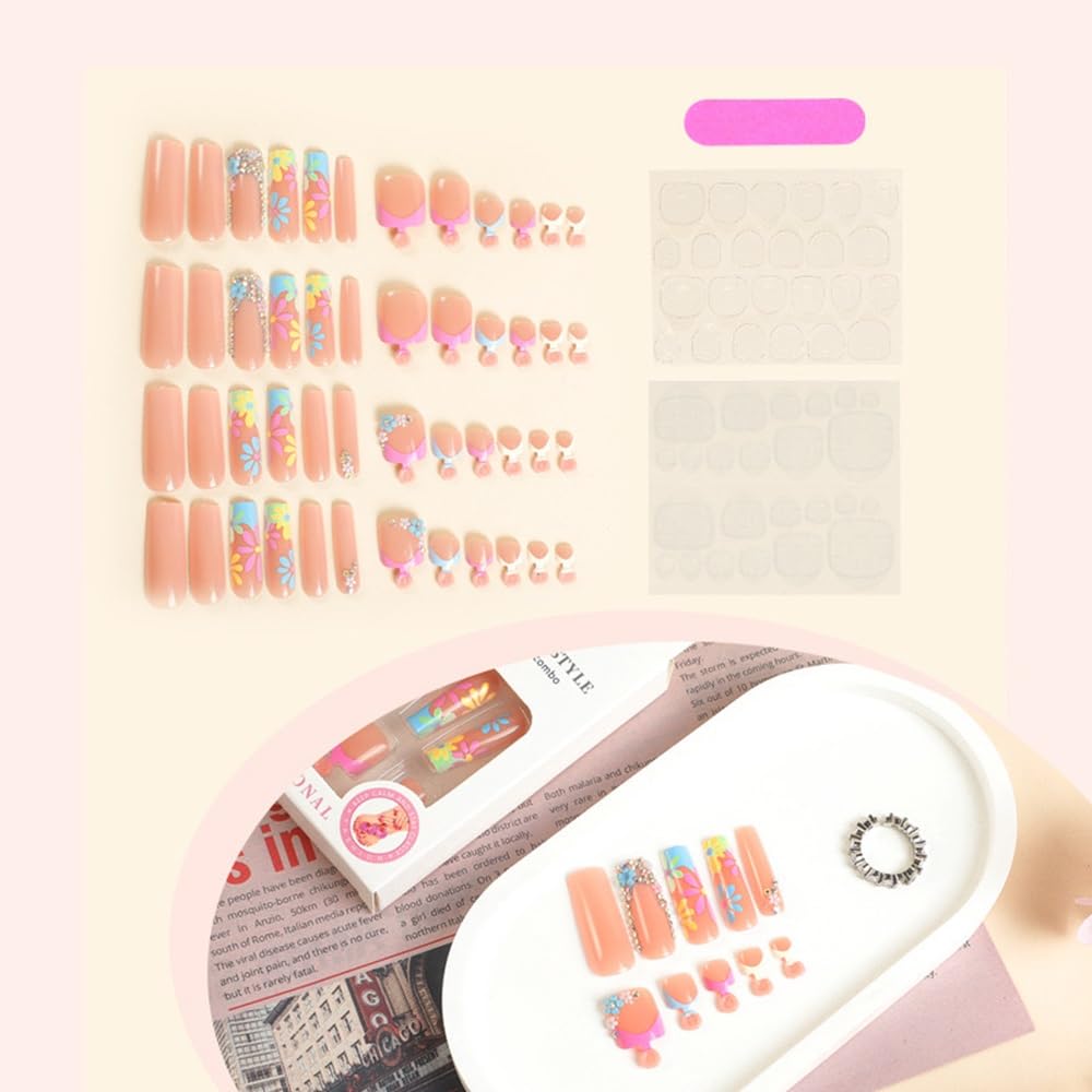 CTTHNBD Long Press on Nails Square & Press on Toenails Set, Colorful French Tip, Flower Fake Nails - Summer Press on Toenails - for Women 48 Pcs