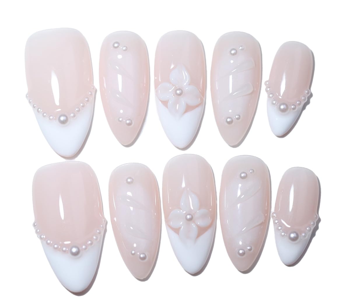 10Pcs Medium Almond Handmade Press On Nails | Easy Apply & Remove, Reusable Salon Quality Nails | Elegant Nude & White Fake Nails with 3D Floral & Pearl Accents (251217, M)