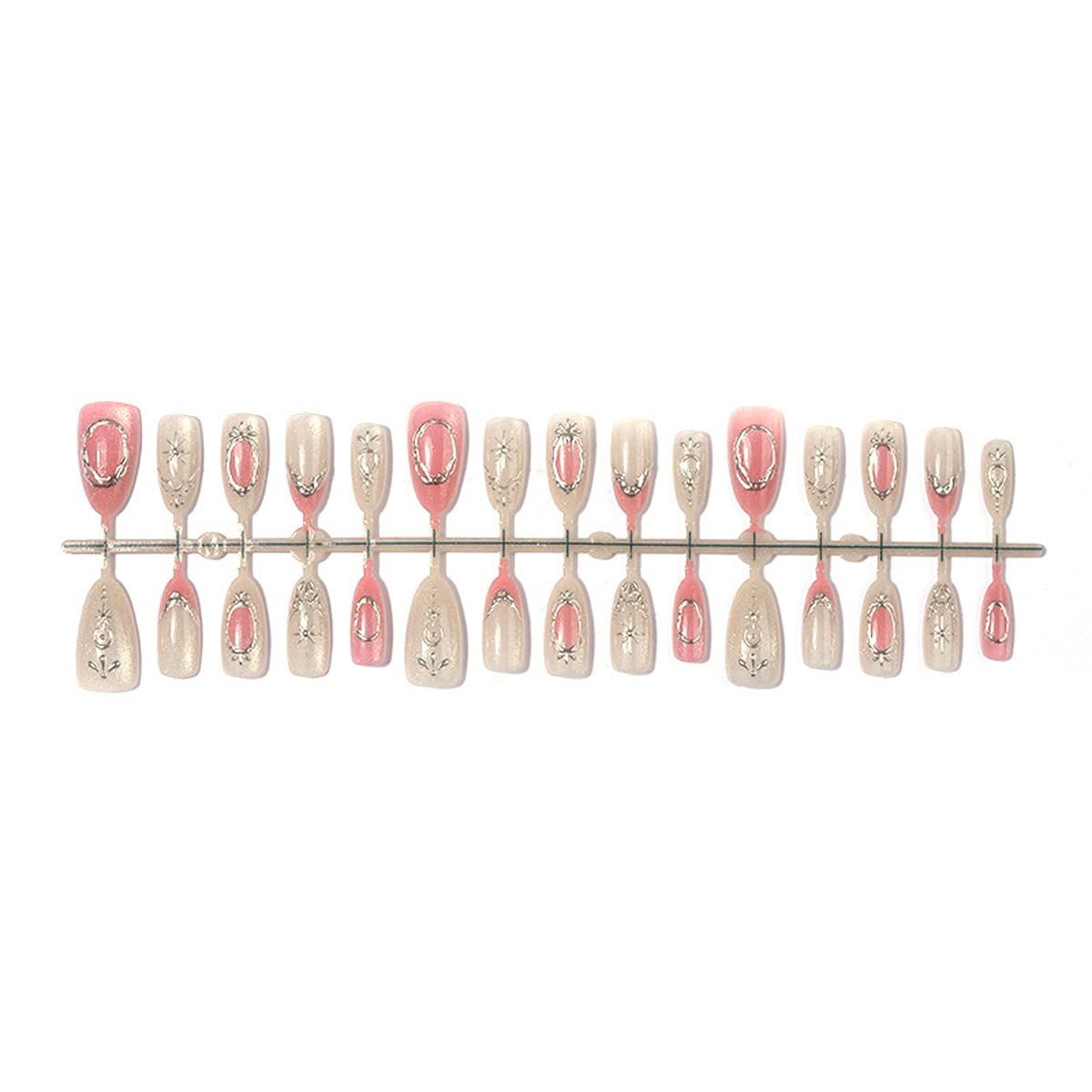 Medium Almond Press on Nails - Cat Eye Fake Nails with 3D Silver Charms Designs Glitter False Nails French tip Glue on Nails Reusable Full Cover Stick on Nails for Women Manicure 24Pcs