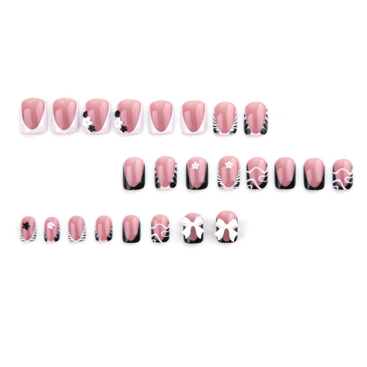 CTTHNBD Press on Nails Short - Square Fake Nails with Bow Floral Charms Design - Zebra Stripes French Tip False Nails - for Women 24 Pcs