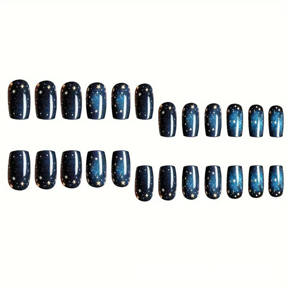 24 Pcs Dark Blue Starry Sky Press on Nails Short Square Fake Nails Press ons Acrylic Nail Art Kit Glue on Nails Stars Design Acrylic False Nail Glossy Full Cover Artificial Stick on Nails for Women