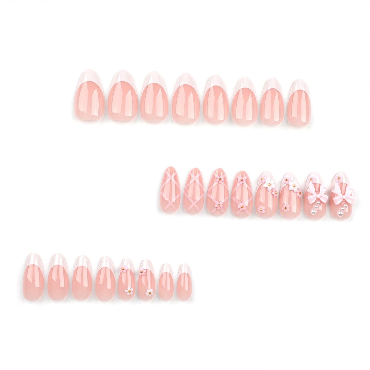 FJSMTOPl Bow Press on Nails - Flower Fake Nails Press ons - Almond Pink False Nails with Designs 3D - Acrylic French Tip Cute Glue on Nails - for Spring Women Stick on Nails 24Pcs