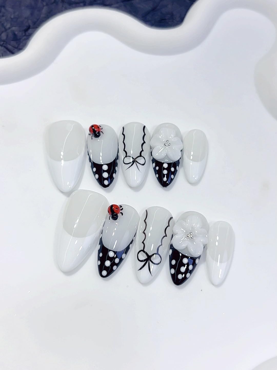 Haozerart Handmade Press on Nails, Medium Almond Shape Fake Nails, Black French Tip with White Polka Dot, Cute Reusable False Nails 10Pcs for Women & Girls (M Size)