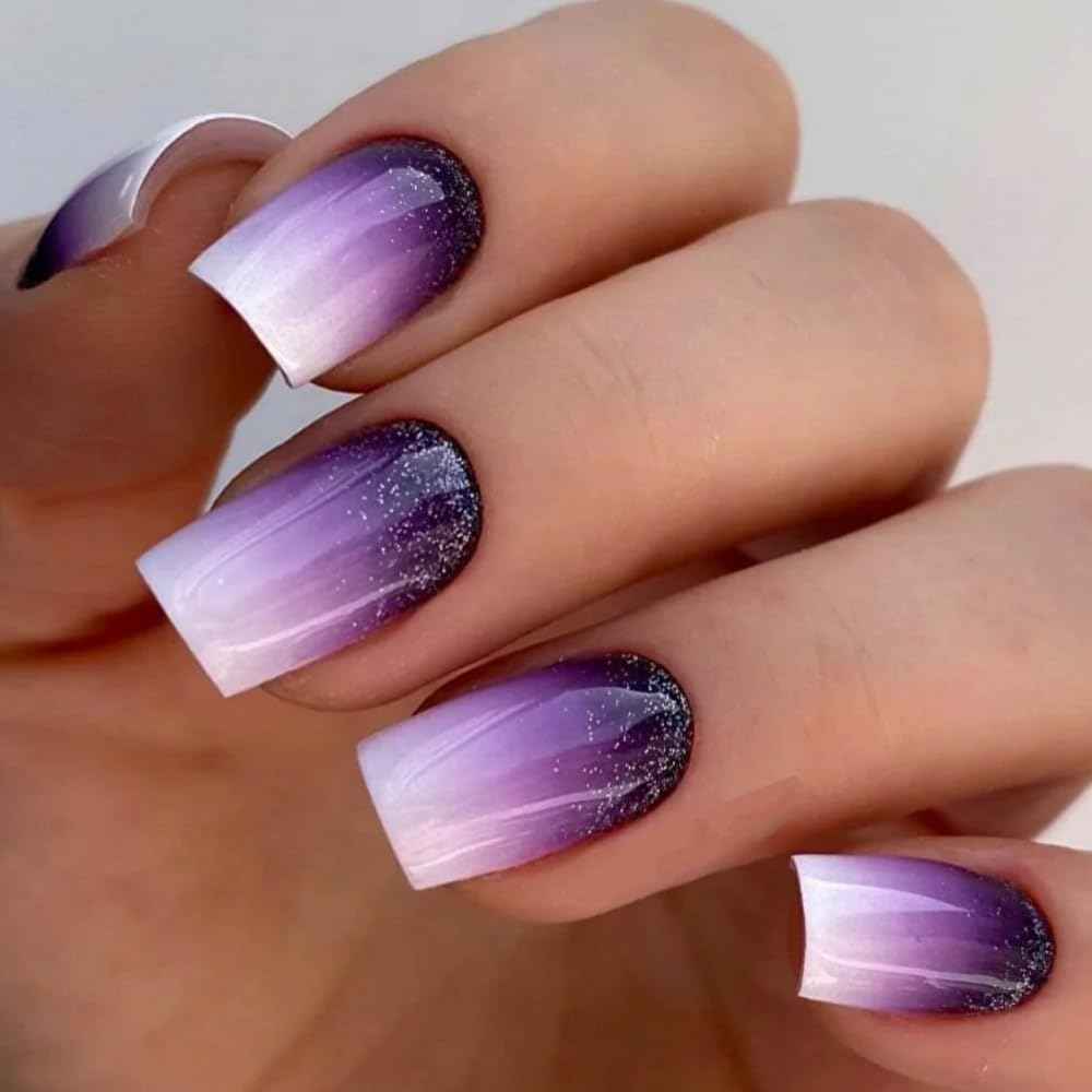 Rilafuvu Square Press on Nails Short Fake Nails Purple Gradient Glue on Nail Glitter Acrylic Nails Glossy False Nails Press on Nails for Women and Girls 24Pcs