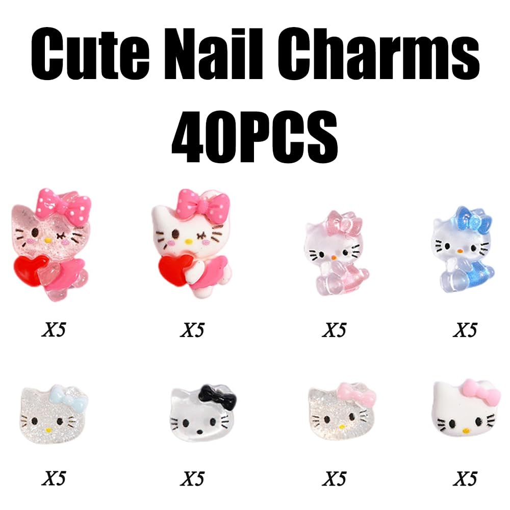Kawaii Cartoon Cat Nail Charms 40Pcs Cute 3D Nail Art Charms Designs Cat Nail Jewelry Rhinestones Gems and Charms for Women DIY Manicure Decoration Accessories