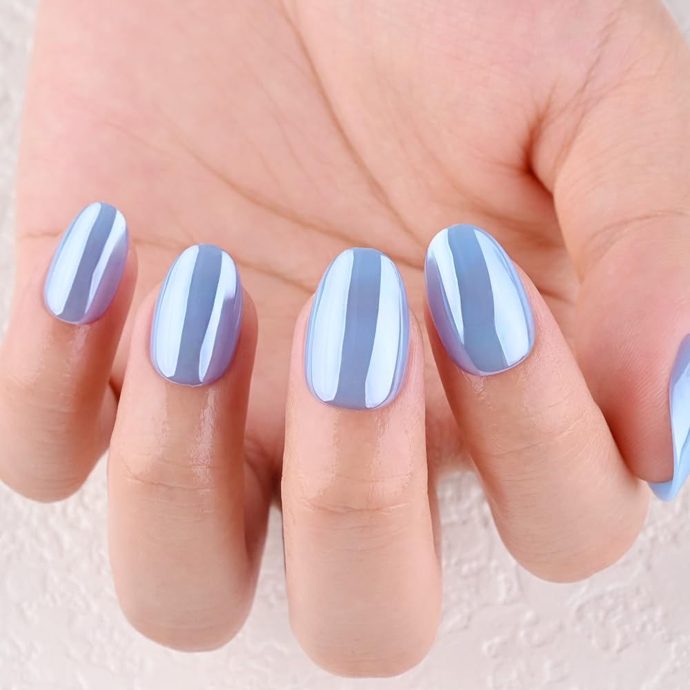 evpct Sky Blue Glazed Metal Press on Nails Short Oval, Short Oval Chrome Glossy Aurora Stick on Nail for Women, Reusable Full Cover Soft Press on Nail Perfectly Fit with Glazed Design Salon Quality