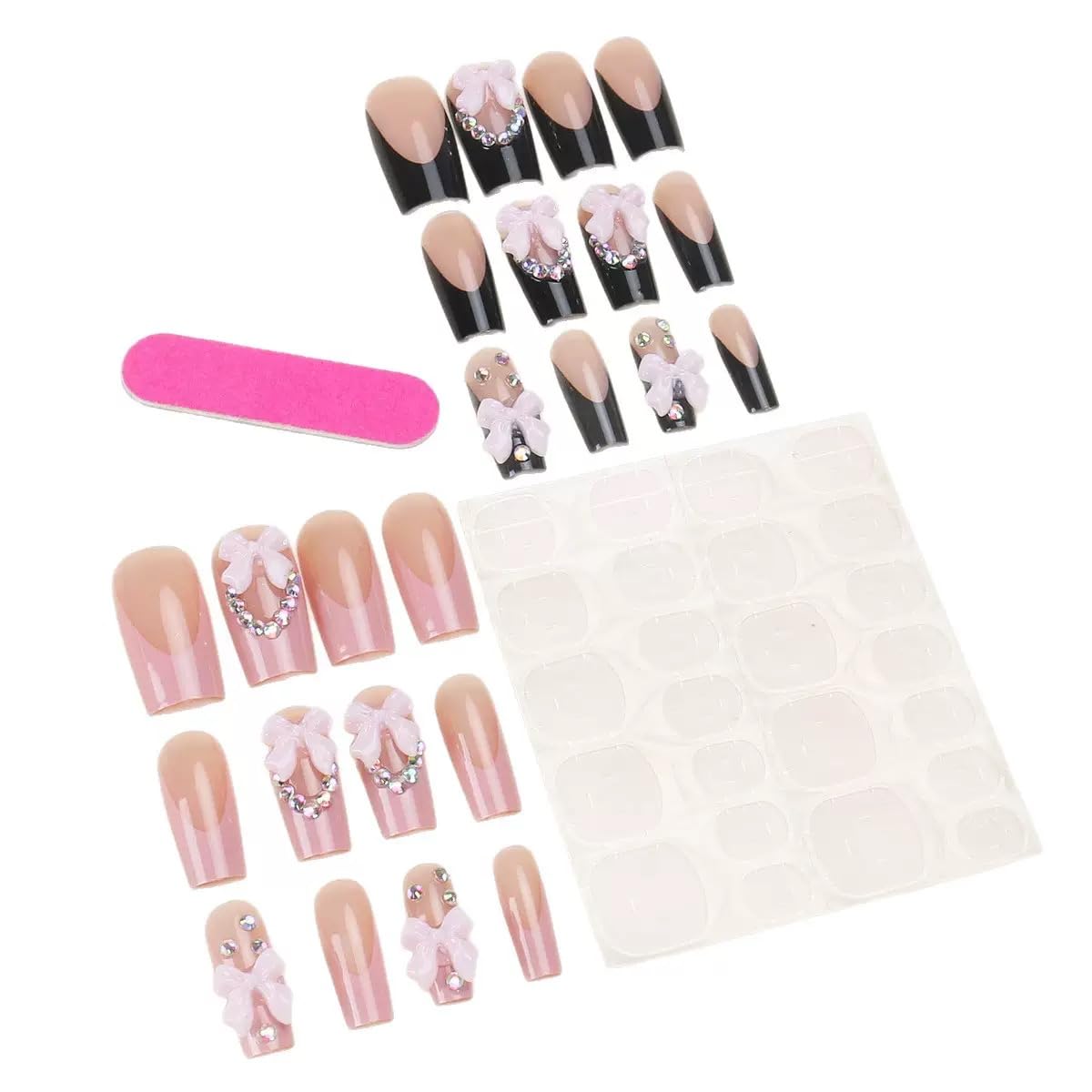 CTTHNBD Press on Nails Medium - Coffin Fake Nails with Bow Design - Pink, Black French Tip Stick on False Nails - for Women 24 Pcs