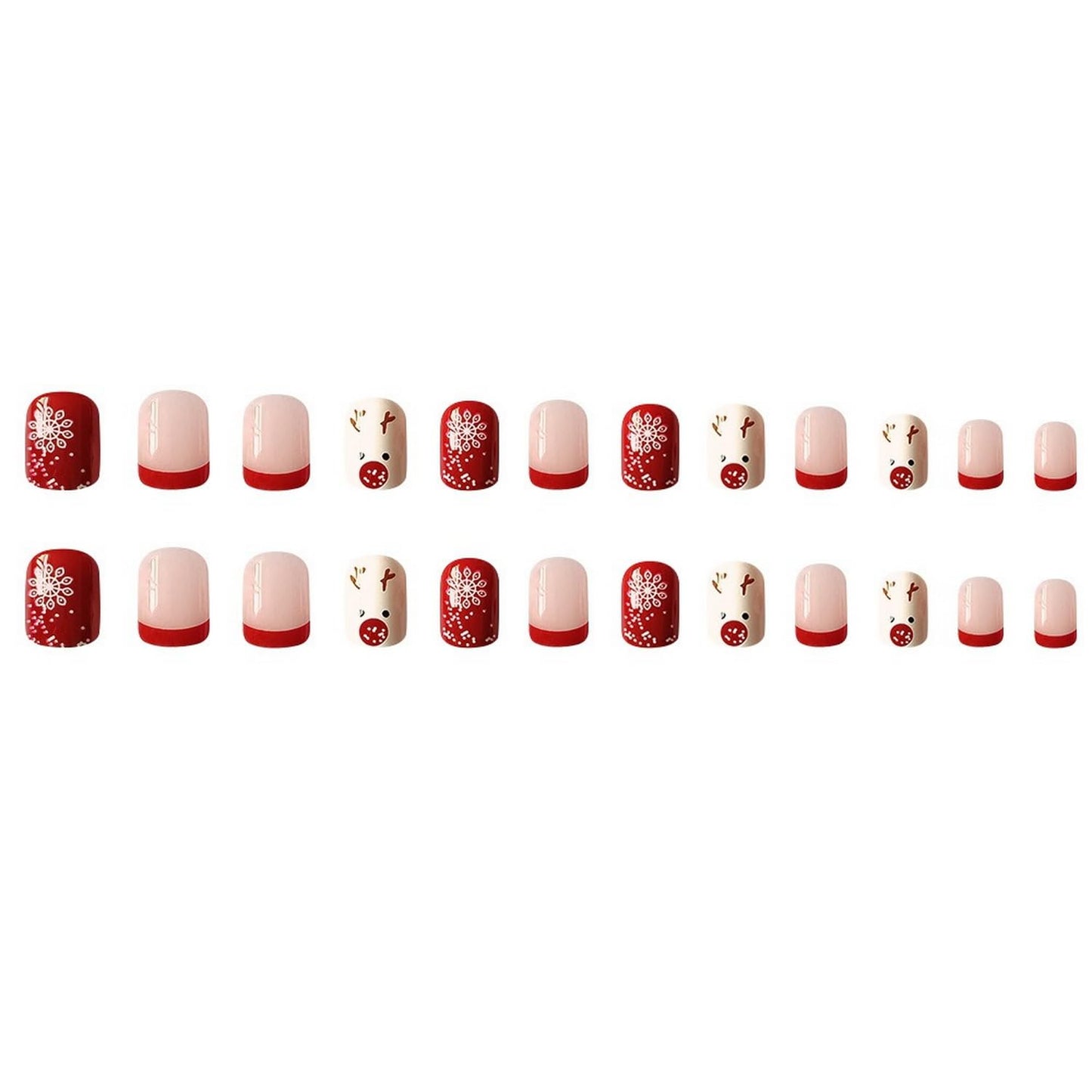 24Pcs Christmas Press on Nails Short Square Red French Fake Nails with Elk Snowflake Design Red White Full Cover Artificial Acrylic Nails Xmas Winter Stick on Nails for Women DIY Manicure Decoration