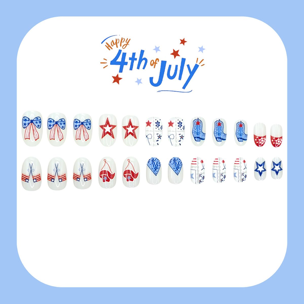 24Pcs 4th of July Press on Nails Short Almond Fake Nails American Flag with Cowboy Patriotic Press Ons Designs Star Stripe Bow Glue on Nails Independence Day False Nails for Women Acrylic Manicure