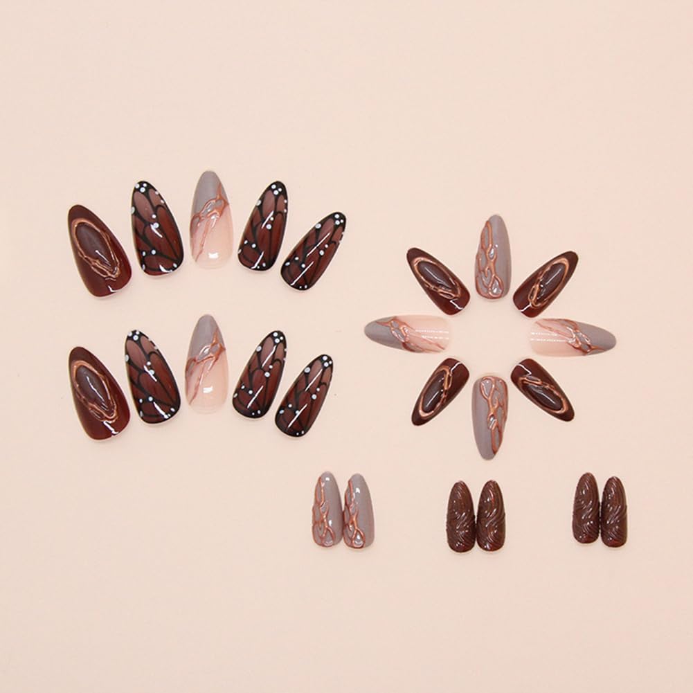 24Pcs Medium Almond Press on Nails Brown Acrylic False Nails With Butterfly Designs Fake Fingernails 3D Gold Curve Line Glossy Full Cover Artificial Fale Nails Kit Reusable Women Girls Manicure