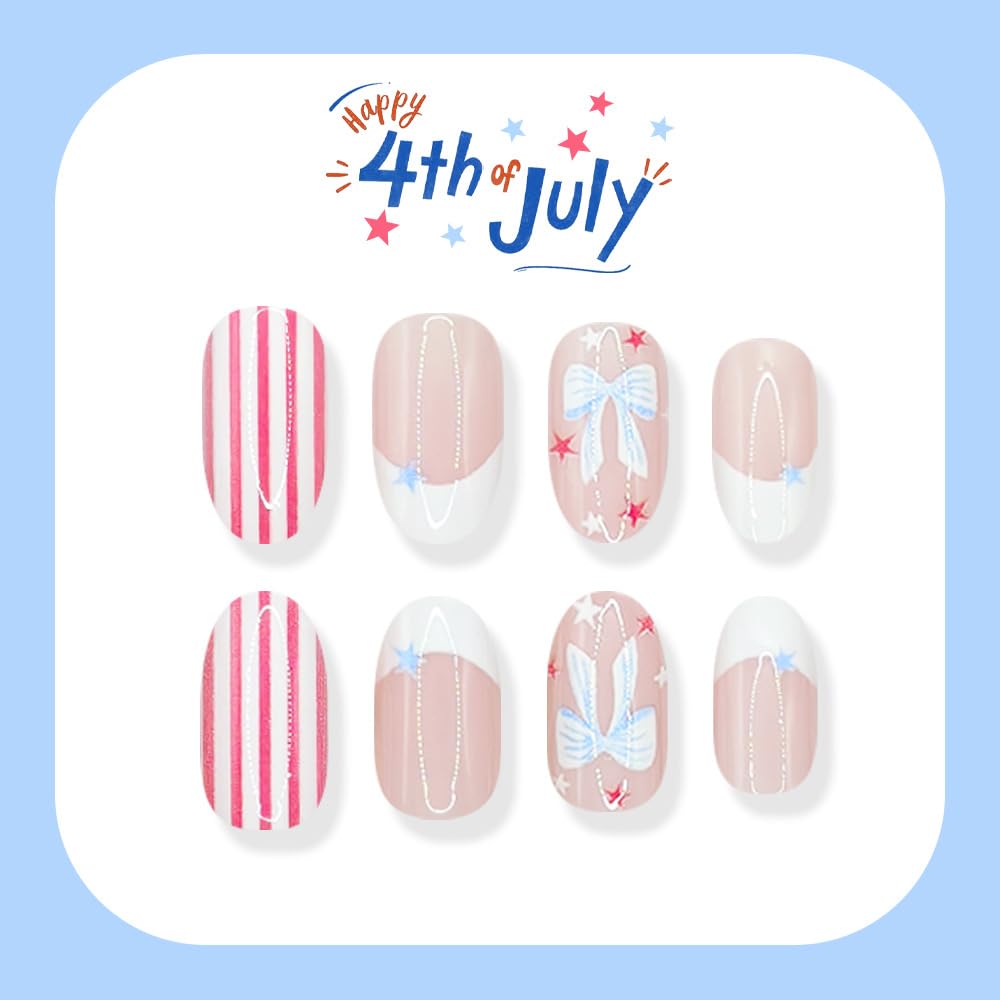 AWDSLUY 24Pcs Bow White French Tip Press on Nails Short Oval Fake Nails with Pink White Stripe Star Design Nude Pink Glossy False Nails Sweet Summer Blue Star Full Cover Stick on Nails for Women