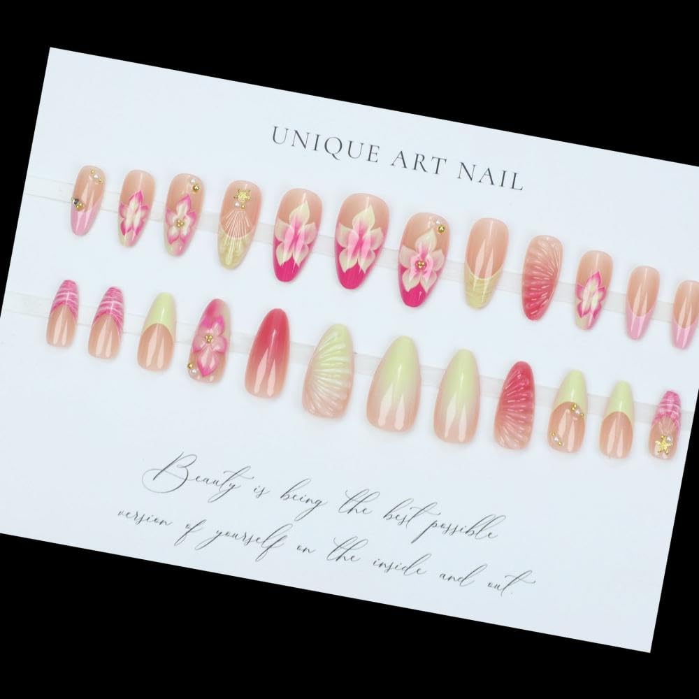 Handmade Press on Nails Medium Almond Fake Nails with 5D Rhinestones Flower Design Yellow French Tip False Nails Pearl Starfish Glue on Nail Glossy Ombre Pink Nail for Women Manicure 24Pcs