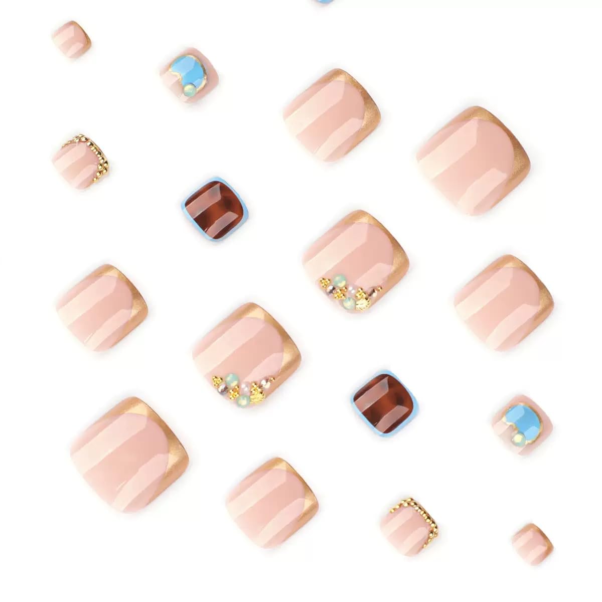 CTTHNBD Press on Toenails - Gold French Tip Fake Toenails with Leopard Print Design - Rhinestone, Summer Press on Toe Nails - for Women 24 Pcs