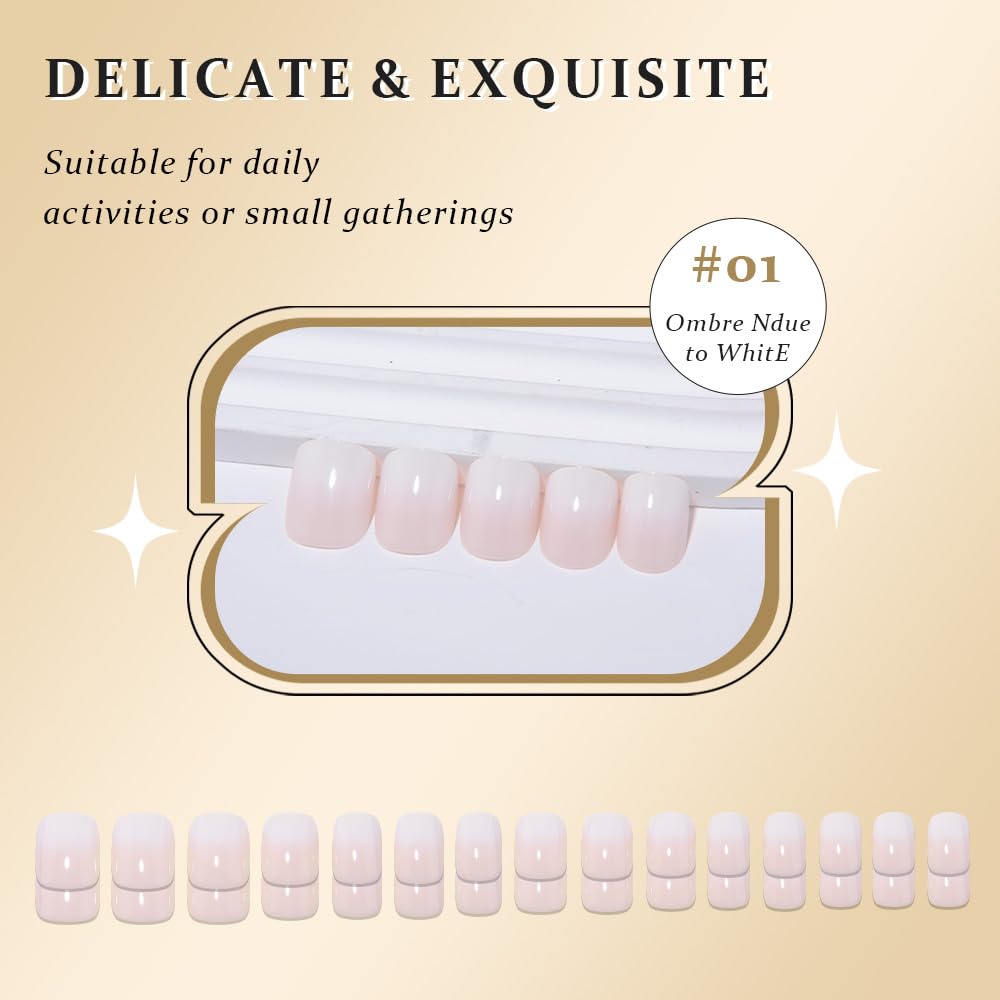 evpct Cream White Ombre Glossy Press on Nails Short Square, Nude Glossy Fake Nails Reusable, Acrylic False Nail Stick on Press ons for Women Gifts, Color Ombre Artificial False Nail with Kit, 30Pcs