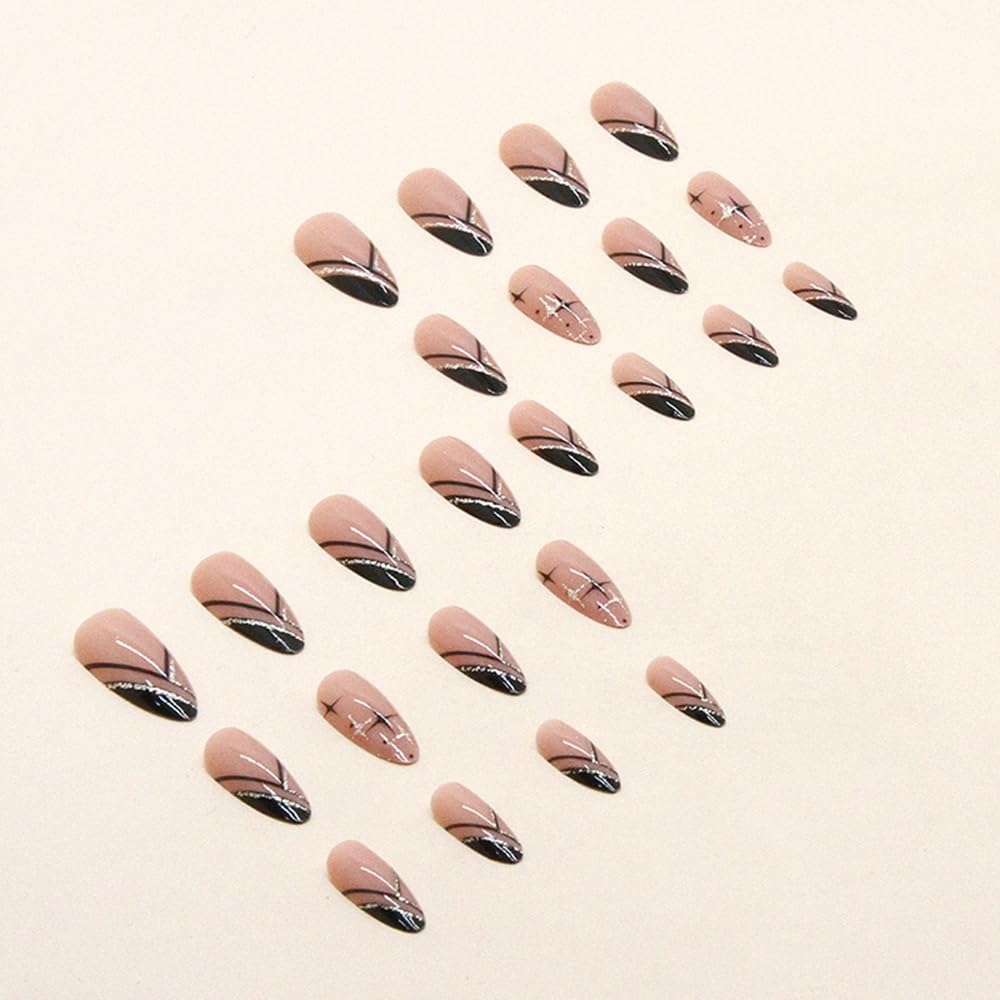 Medium Press on Nails Almond - French Tip Fake Nails with Black Line Design - Glitter, Star Full Cover Stick on False Nails for Women 24 Pcs
