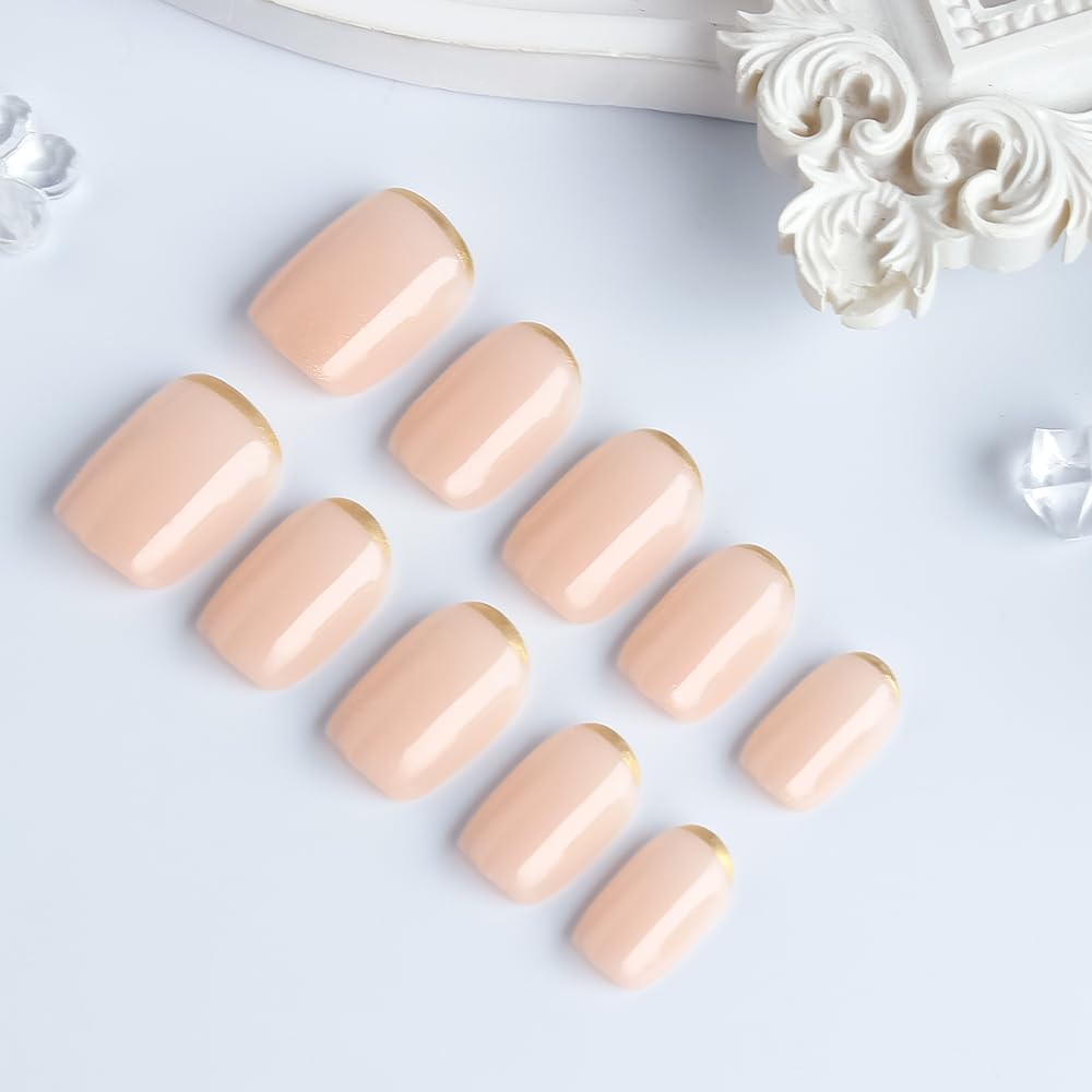 Taoyisent Nude Pink Press On Nails Short Square Glossy, Minimalist Gold French Tip Fake Nails, Reusable Full Cover Stick On Nails for Women Office Wedding Daily Wear, 30PCS