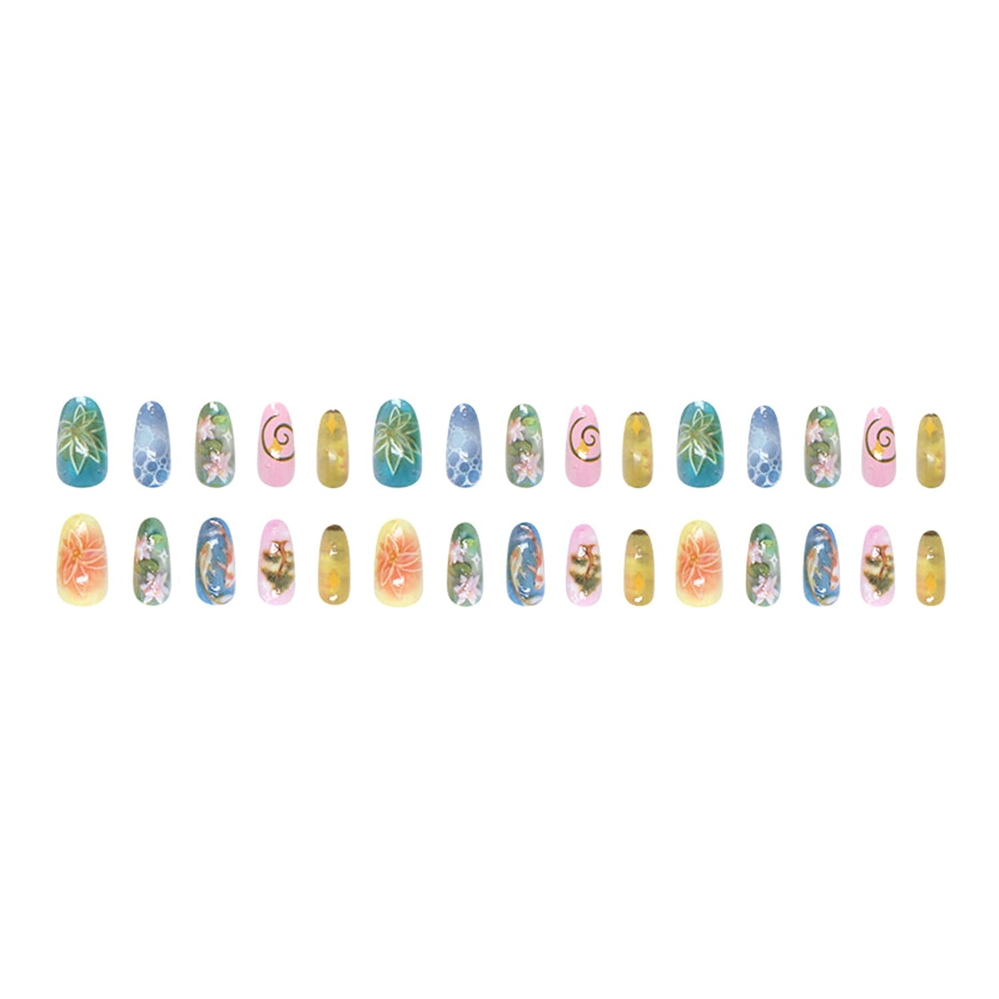 24Pcs Green Press on Nails Medium Almond Fake Nails with Lotus and Lucky Koi Design, Glossy Full Cover Stick on Nails Wearable Spring Summer Ins Fake Nail Tips for Women DIY Manicure Daily Wear