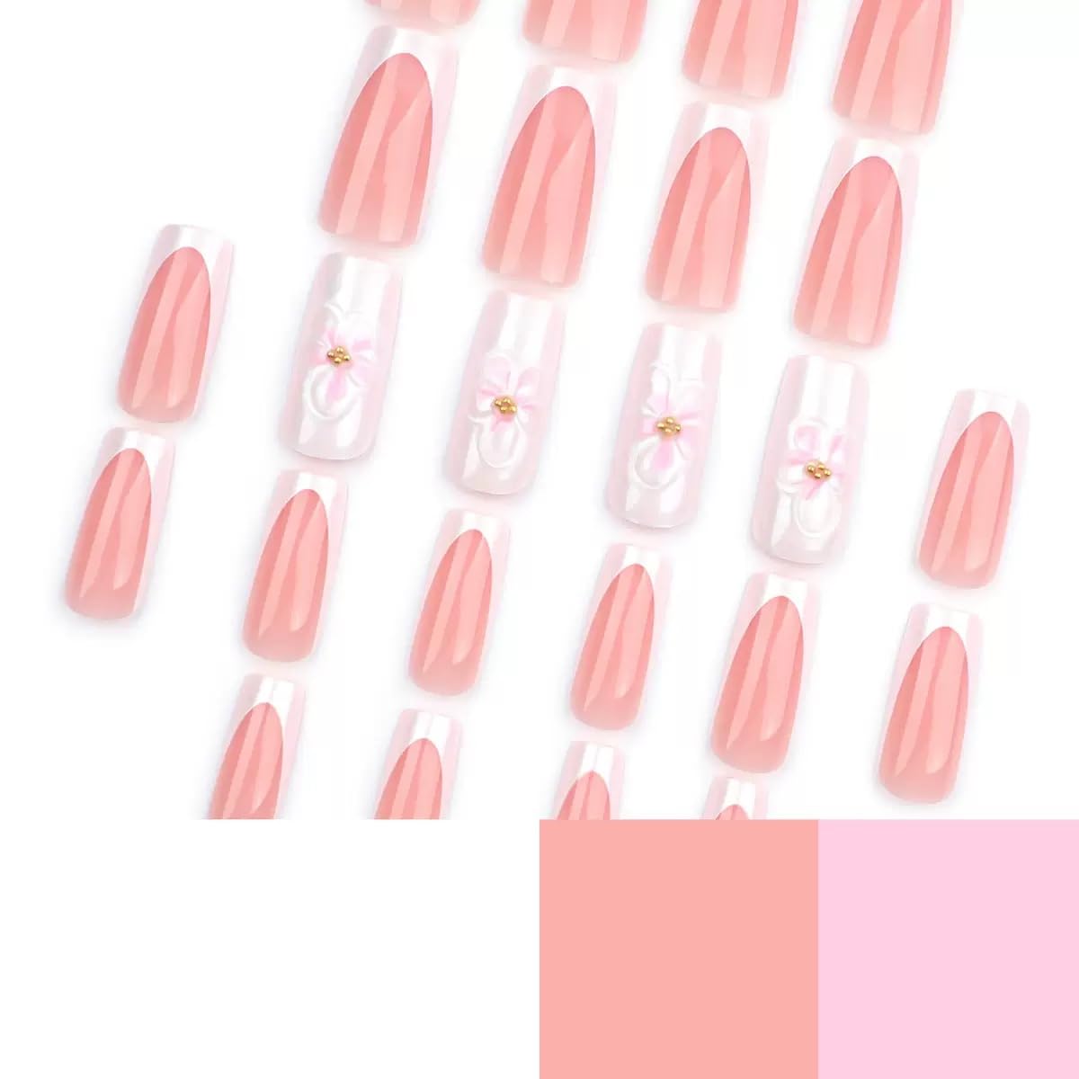 CTTHNBD Square Press on Nails - White French Tip Fake Nails with Flower Design - Ombre, Medium False Nails Press ons - for Women 24 Pcs