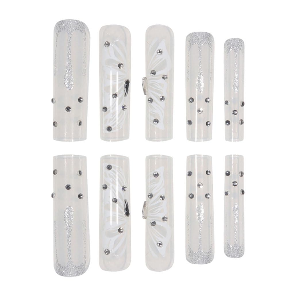 Foccna Press on Nails Super Long Rhinestone White Fake Nails Square Bling Glossy Butterfly False Nail Tips Artificial Nails Finger Manicure for Women and Girls-24pcs