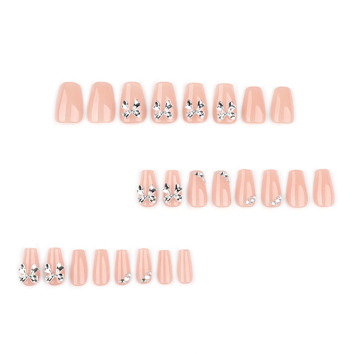 Vopintpy 3D Silver Bow Press on Nails Short Square Fake Nails with Design Nude Glossy Acrylic Glue on Nail Reusable Full Cover Artificial Stick on Nail for Women DIY Manicure