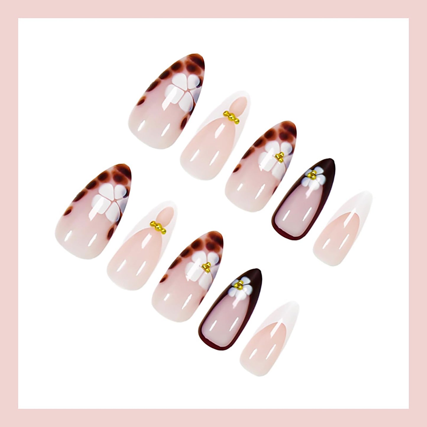 Medium Almond Press on Nails With Designs French Tip Flower Fake Nails Press ons Acrylic Nails False Glossy Christmas Artificial Full Cover Stick on Nails for Women Girls 24 Pcs