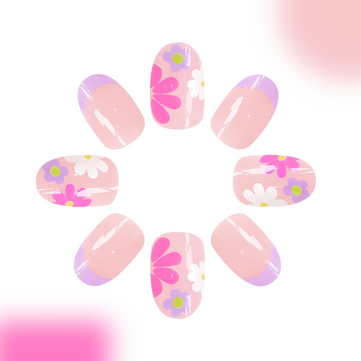 24Pcs Pink Press on Nails Short Almond Fake Nails Nude Pink with Nail Tips Manicure Design Summer Flower False Nails Stick on Nails Full Cover Artificial Glue on Nails for Women Acrylic Manicure Salon
